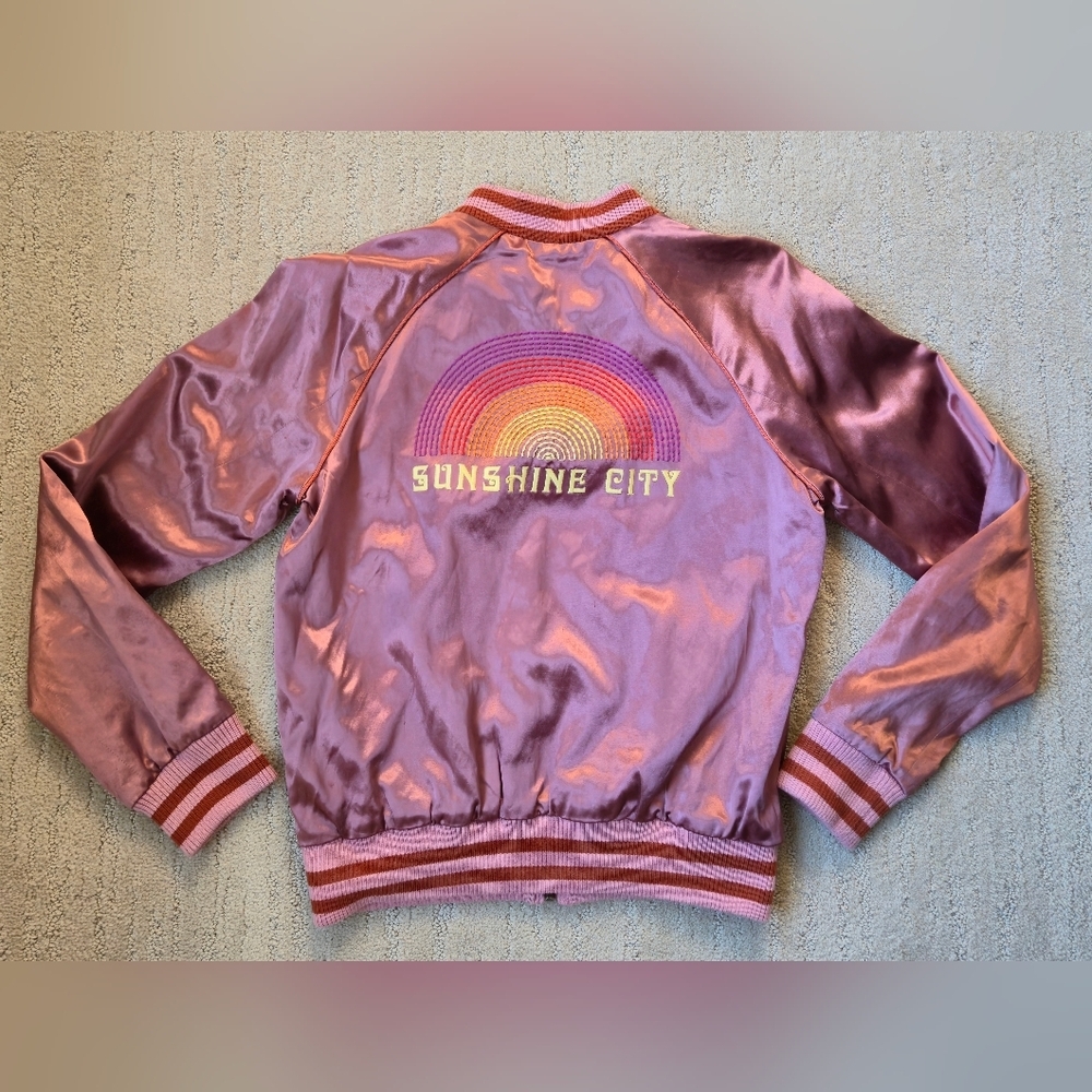 Mother Sunshine City Letterman Jacket Bomber S Rainbow Rare Satin Varsity Retro - Picture 3 of 17
